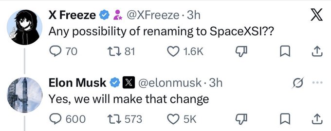 The image shows an X (formerly Twitter) exchange between user @XFreeze, who asks about renaming to "SpaceXSI?," and @elonmusk, who responds, "Yes, we will make that change." The post's caption "Just rolls off the tongue so easily" highlights the smooth, punny quality of the proposed "SpaceXSI" name.