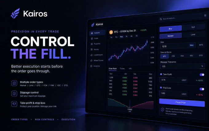 A promotional graphic for the Kairos trading platform displays the tagline 'CONTROL THE FILL' and 'Better execution starts before your order goes through,' showing a BTC trading interface with order books and price charts.