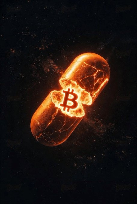 A glowing orange Bitcoin capsule floating in dark space, cracked open to reveal the Bitcoin logo in its center.