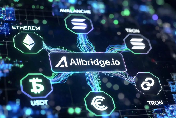 A promotional graphic for Allbridge.io featuring the Solana logo, showing connections to Avalanche, Tron, Ethereum, USDT, and Tron cryptocurrency networks against a digital background.
