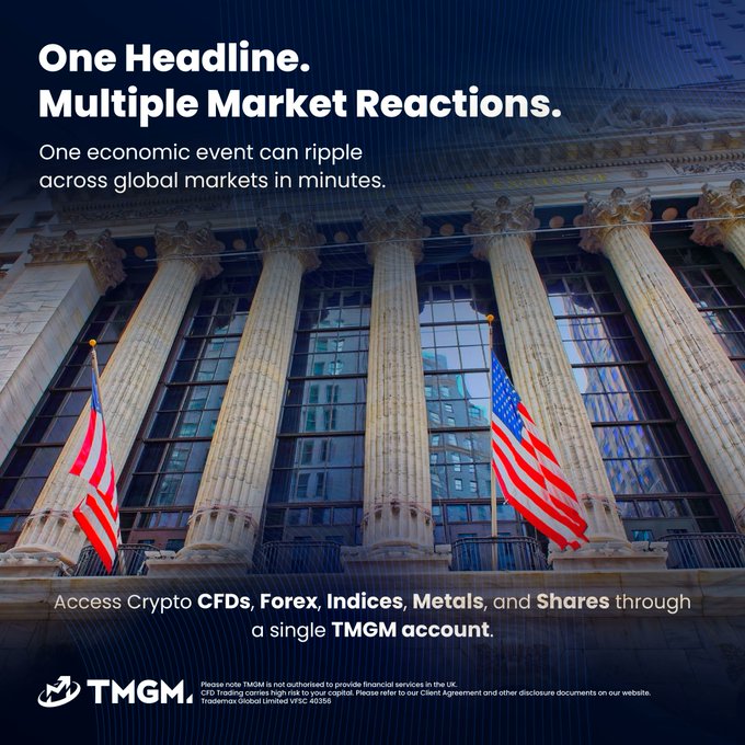 The image shows a grand neoclassical building with towering columns and American flags, overlaid with the headline "One Headline. Multiple Market Reactions." and text stating "One economic event can ripple across global markets in minutes." The TMGM logo appears at the bottom alongside a disclaimer noting the company is not authorised to provide financial services in the UK, with TMGM Global Limited VFC 40356 referenced. The imposing financial institution backdrop visually reinforces the post's message about how a single economic event can simultaneously impact crypto, forex, gold, and equities markets.
