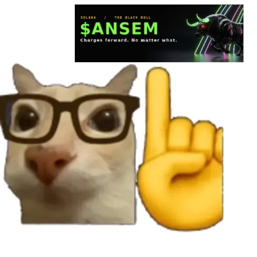 A "smart cat" meme wearing glasses and pointing upward is paired with a banner for the $ANSEM token (labeled "SOLANA / THE BLACK BULL" with the tagline "Charges forward. No matter what."), humorously endorsing a promotional post claiming a free, high-potential $ANSEM airdrop worth $7,000 with zero cost or gas fees.