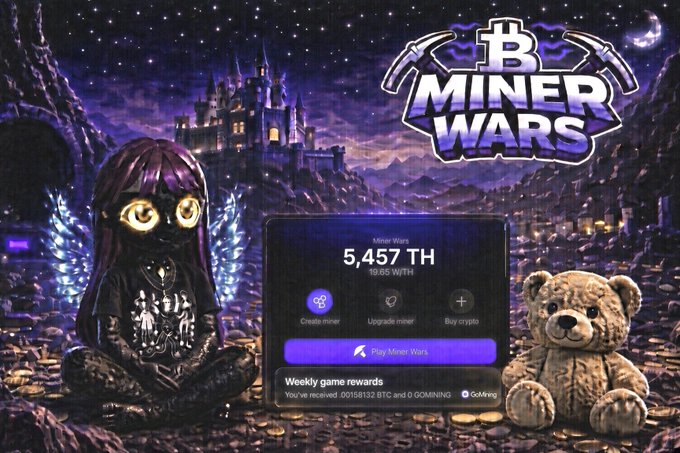 Promotional graphic for a 'B Miner Wars' game featuring a dark character, a teddy bear, and an interface showing 5,457 TH mining rewards.