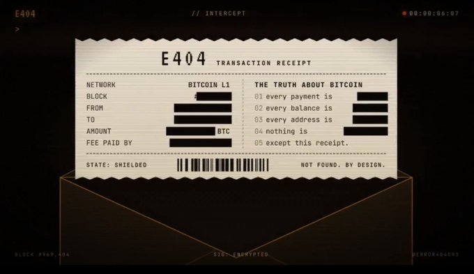 A dark graphic designed like an 'E404 TRANSACTION RECEIPT' for BITCOIN L1 with redacted transaction fields and a section titled 'THE TRUTH ABOUT BITCOIN' listing philosophical statements.