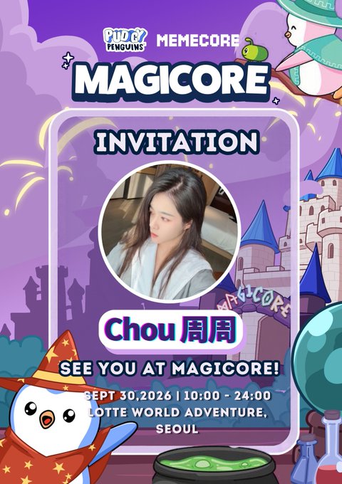 A purple-themed 'MAGICORE' event invitation for 'Pudgy Penguins x MEMECORE' featuring a profile photo and the text 'SEE YOU AT MAGICORE! SEPT 30, 2026 | 10:00 - 24:00, LOTTE WORLD ADVENTURE, SEOUL'.