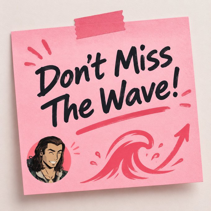 A pink sticky note with handwritten text reading "Don't Miss The Wave!" accompanied by a stylized pink wave graphic and an illustrated avatar of a smiling man with long dark hair.