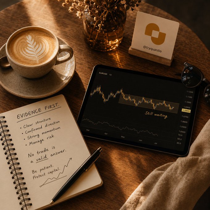 A cozy desk setup featuring a latte with leaf art, a notebook titled 'EVIDENCE FIRST' with bullet points about trading strategy, a tablet displaying an EUR/USD candlestick chart labeled 'Still waiting', sunglasses, and a card with the handle '@tryquantio'.