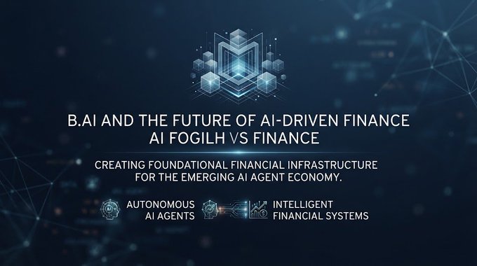 A slide titled 'B.AI AND THE FUTURE OF AI-DRIVEN FINANCE - AI FOGILH VS FINANCE' featuring a blue cube logo, with subtitle 'CREATING FOUNDATIONAL FINANCIAL INFRASTRUCTURE FOR THE EMERGING AI AGENT ECONOMY' and icons labeled 'AUTONOMOUS AI AGENTS' and 'INTELLIGENT FINANCIAL SYSTEMS'.