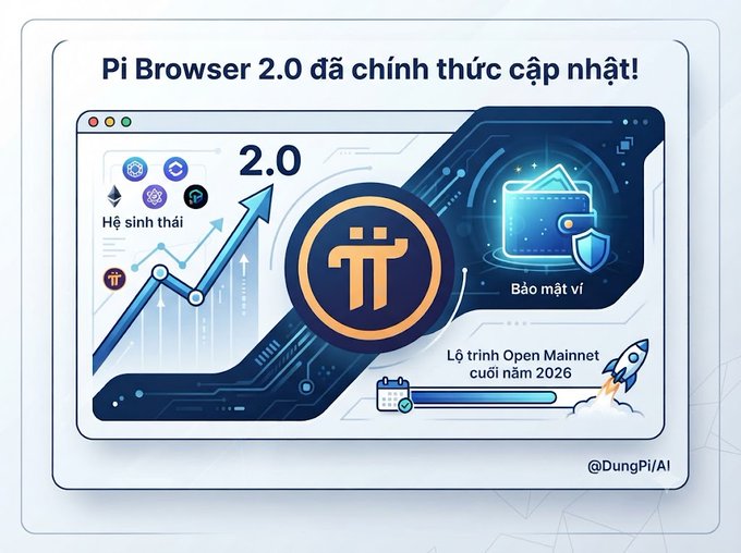 A Vietnamese promotional graphic announcing 'Pi Browser 2.0 đã chính thức cập nhật!' (Pi Browser 2.0 officially updated!), featuring Pi Network ecosystem features including an open mainnet launch scheduled for late 2026.