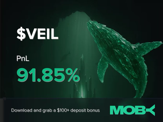 This image showcases a 91.85% PnL for $VEIL on Moby, represented by a green crystal whale swimming in an underwater landscape. The bottom of the image features the Moby logo and a promotion for a deposit bonus.