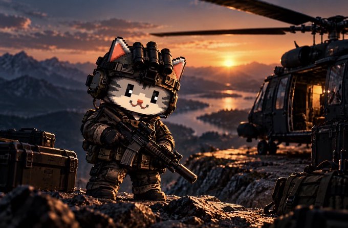 Digital art of a white cat character dressed in tactical military gear holding a rifle, standing near a helicopter at sunset.
