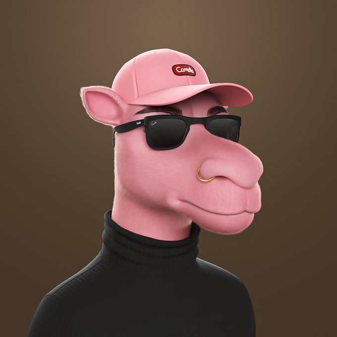A 3D rendering depicts a pink, camel-like creature wearing black sunglasses, a gold nose ring, a black turtleneck, and a pink cap with the word 'Cowab'.