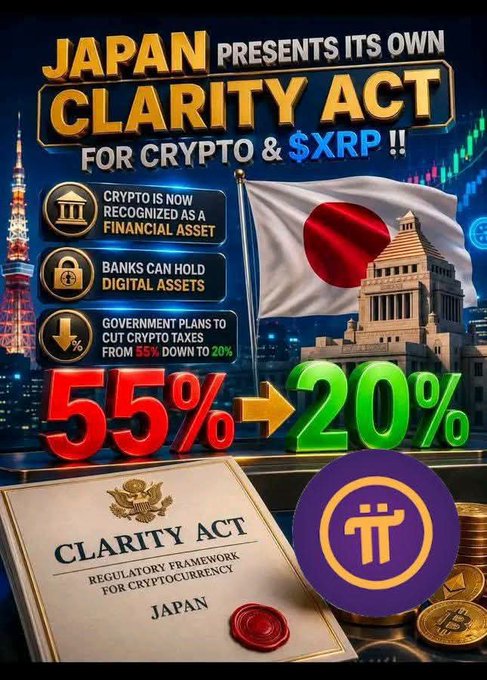 A graphic promoting Japan's 'CLARITY ACT FOR CRYPTO & $XRP !!', highlighting a tax cut from 55% to 20%, with the Japanese flag, Tokyo Tower, and Pi Network logos.