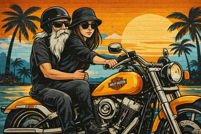 An illustrated artwork depicts a bearded man and a woman wearing sunglasses riding an orange Harley-Davidson motorcycle at sunset, framed by palm trees.