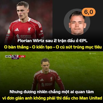A Vietnamese sports graphic about footballer Florian Wirtz after 2 EPL matches, noting '0 bàn thắng - 0 kiến tạo - 0 cú sút trúng mục tiêu' (0 goals - 0 assists - 0 shots on target) with a 6.0 rating, joking that Man United fans don't care because he's not playing for them.