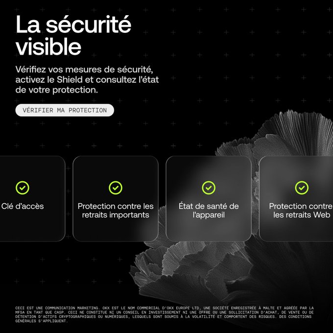 A French-language marketing graphic with the headline "La sécurité visible" promoting OKX security features like access key, large withdrawal protection, device health, and Web withdrawal protection.