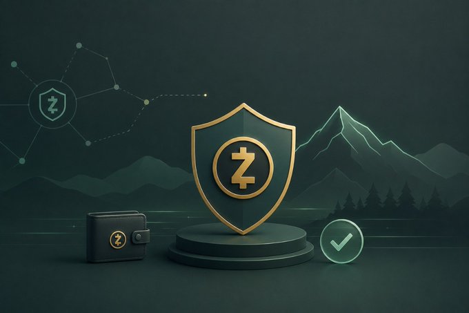 A digital illustration featuring a Zcash (ZEC) logo on a gold shield, a wallet icon with the Z symbol, a checkmark, and a network graphic against a dark mountain landscape.