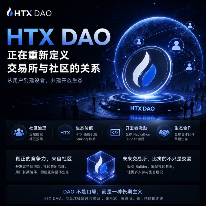 A promotional graphic for 'HTX DAO' with Chinese text stating it is redefining the relationship between exchanges and communities through user-to-builder ecosystem collaboration, featuring icons for community governance, ecosystem value, developer incentives, and partnerships.