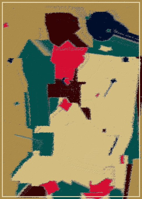 An abstract artistic composition with blocks of olive green, teal, dark red, magenta, and cream colors in a fragmented, cubist style.
