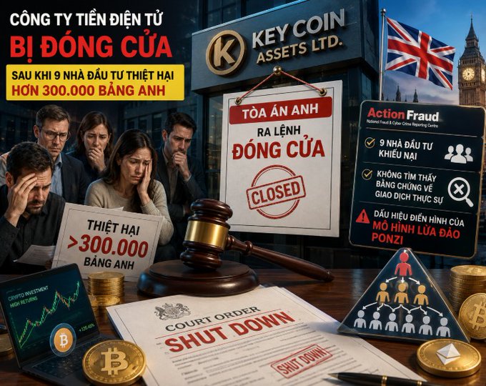 A Vietnamese news thumbnail 'CÔNG TY TIỀN ĐIỆN TỬ BỊ ĐÓNG CỬA' about Key Coin Assets Ltd. being shut down by a UK court after 9 investors lost over 300,000 pounds, warning of a pyramid scheme (Ponzi) model.