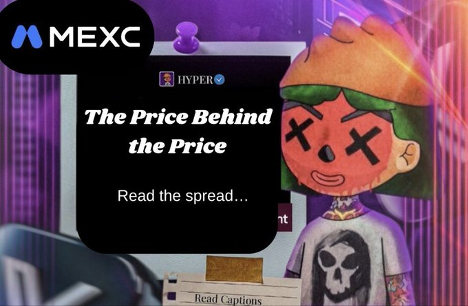 A MEXC exchange promotional graphic featuring the HYPER token with the text "The Price Behind the Price – Read the spread..." displayed over a cartoon zombie character wearing a skull shirt, visually reinforcing the post's message about hidden trading costs in the bid-ask spread.
