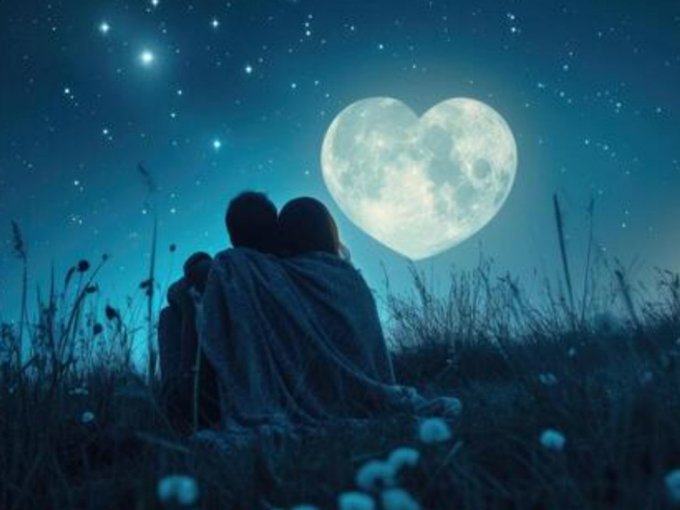An artistic illustration of a couple wrapped in a blanket sitting in a grassy field at night, looking at a large heart-shaped full moon in a starry sky.