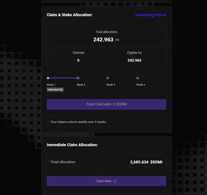 A dark-themed crypto dashboard showing 'Claim & Stake Allocation' with 242.963 $SOMI total and 'Immediate Claim Allocation' of 2,685.634 $SOMI with a 'Claim Now' button.