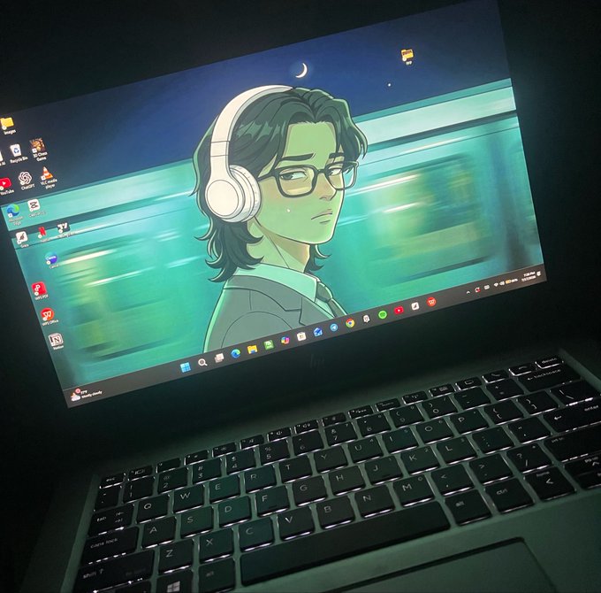 A photograph of a laptop screen displaying a digital anime-style wallpaper of a person with glasses and white headphones, with the Windows desktop and taskbar visible.