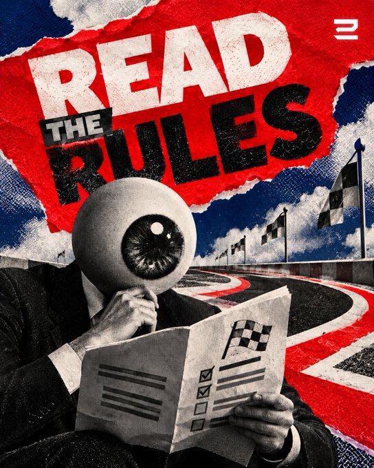 A red, white, and blue collage-style poster reading 'READ THE RULES' featuring a figure with a large eyeball for a head reading a booklet against a backdrop of a race track with checkered flags.