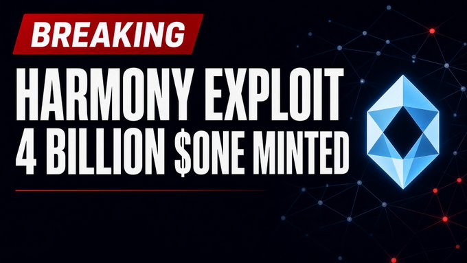A breaking news graphic featuring a geometric blue logo on a dark background with red 'BREAKING' banner and white text reading 'HARMONY EXPLOIT 4 BILLION $ONE MINTED'.