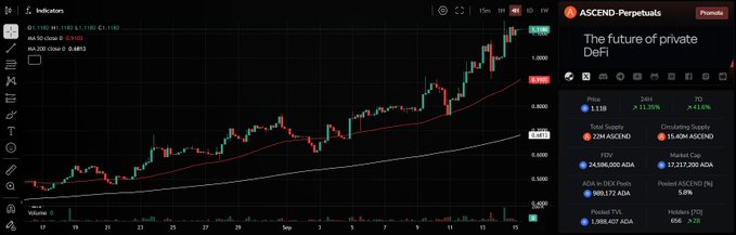 A trading chart screenshot showing a candlestick chart for ASCEND/USDT (1D timeframe) with an uptrend, displaying price moving from around 0.30 to over 1.00, with a side panel titled 'ASCEND - Perpetuals' showing market cap of 17,717,200 ADA and other metrics.