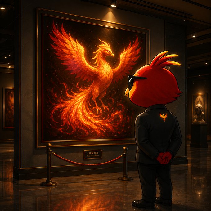 A red phoenix character wearing sunglasses and a suit admires a fiery phoenix painting in a gallery, embodying the "respect the flame" sentiment tied to the $PHNIX ticker. The artwork's glowing plumage and the character's matching phoenix emblem on the suit reinforce the fiery, mythical brand identity.