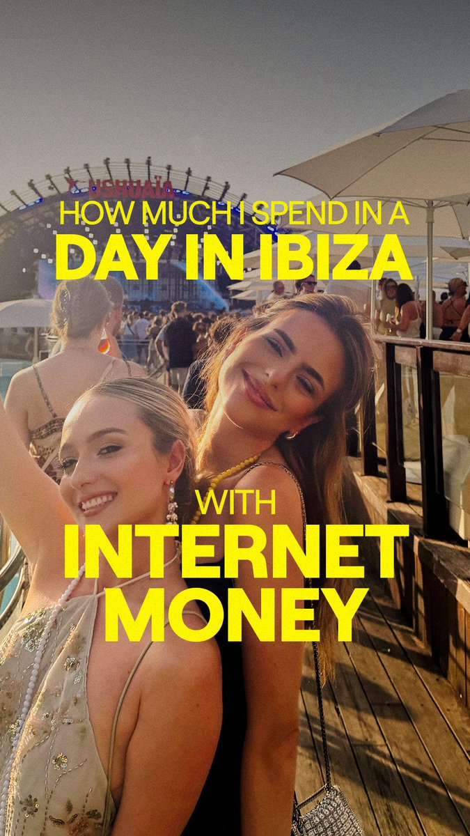 Two women pose together at an outdoor nightclub venue in Ibiza, with the "Nightlife Festival" ferris wheel visible in the background, overlaid with bold yellow text reading "HOW MUCH I SPEND IN A DAY IN IBIZA WITH INTERNET MONEY"—capturing the luxurious, social media-worthy vibe of influencer travel content.