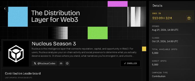 A digital dashboard titled 'The Distribution Layer for Web3' showing 'Nucleus Season 3' with details including ENDS IN 51D 09H 32M, OPENED Aug 19 2026, CLOSES Oct 19 2026, with 6,000 total available spots and 5,000 direct spots.