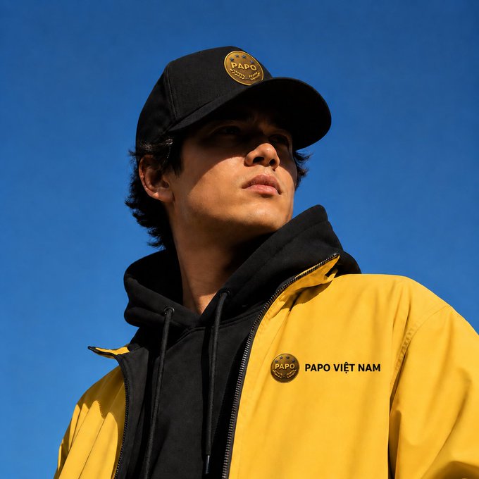 A young man wearing a black 'Papo' cap and yellow 'Papo Việt Nam' jacket against a clear blue sky.