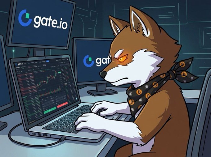 A cartoon fox character wearing a bandana trades cryptocurrency on a laptop displaying the Gate.io exchange interface.