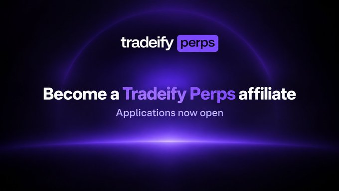 A dark purple promotional graphic displays the “tradeify perps” logo and the text “Become a Tradeify Perps affiliate” and “Applications now open.”