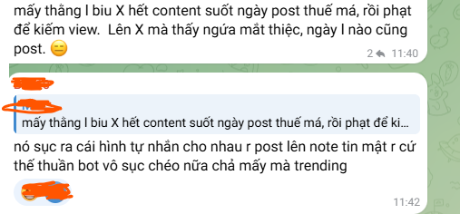A Vietnamese-language social media conversation about content creators on X/Twitter posting about trivial things to farm views, with messages timestamped at 11:40 and 11:42.