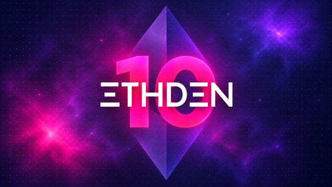 A graphic with a purple cosmic background featuring the text "ETHDEN" overlaid on an Ethereum logo and the number 10.