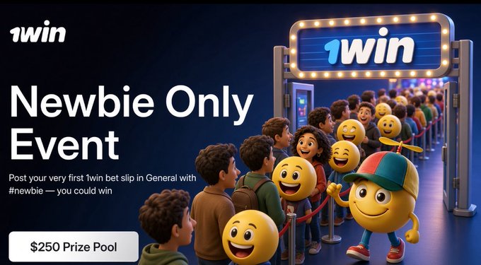 A '1win' advertisement promoting a 'Newbie Only Event' with a $250 prize pool, showing 3D-rendered emoji characters lined up at an entrance.