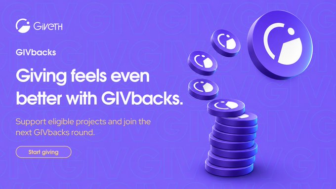 A promotional graphic for Giveth GIVbacks featuring purple 3D coin graphics with the text 'Giving feels even better with GIVbacks' and a 'Start giving' button.