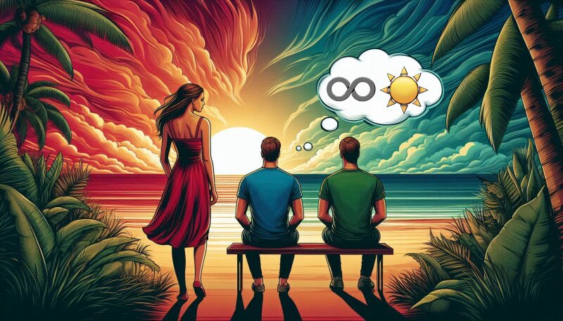 A stylized, colorful illustration shows a woman in a red dress and two men sitting on a bench looking at a sunset over the ocean, with a thought bubble above them depicting an infinity symbol and a sun.