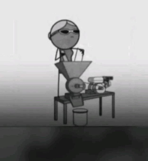 A grayscale illustration shows a figure wearing sunglasses feeding material into a hopper attached to a grinding machine that discharges into a bucket below.