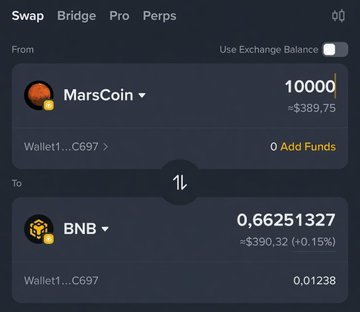 A cryptocurrency exchange swap interface showing a trade from 10000 MarsCoin ($389.75) to 0.66251327 BNB ($390.32).