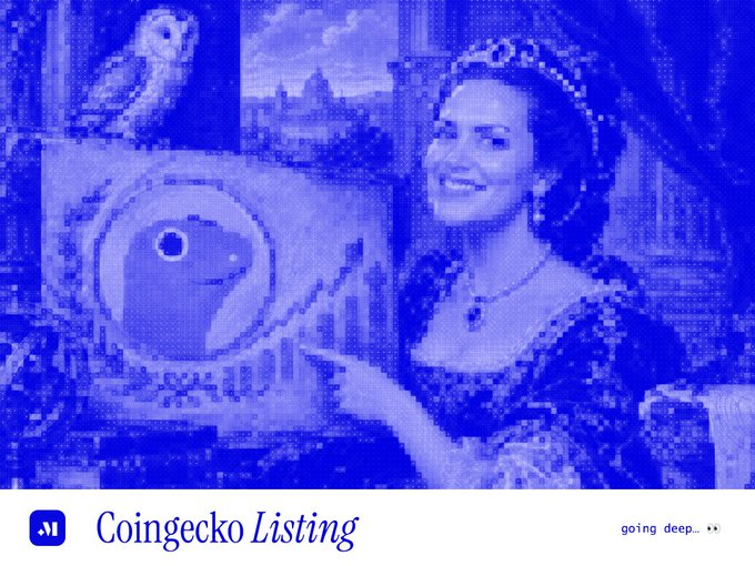 A blue-tinted image combining a historical painting of a noblewoman pointing at a plate with a cartoon character, branded 'Coingecko Listing' with 'going deeper..' text.