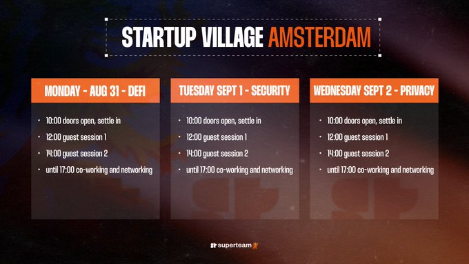 A schedule graphic for "STARTUP VILLAGE AMSTERDAM" listing a three-day program covering DeFi (Monday Aug 31), Security (Tuesday Sept 1), and Privacy (Wednesday Sept 2), with sessions at 12:00 and 14:00 each day from 10:00 AM to 17:00, presented by Superteam.