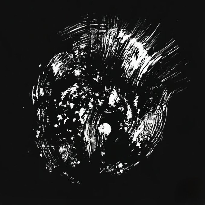 A high-contrast black and white abstract image featuring a circular, swirling pattern of paint strokes that radiates outward from the center against a black background.