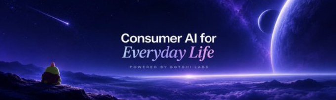 A space-themed banner displaying the text 'Consumer AI for Everyday Life POWERED BY GOTCHI LABS' with a person in a hooded cloak sitting on a rocky outcrop gazing at planets and a shooting star.