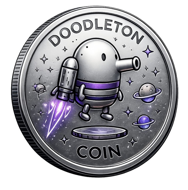 The image features a silver coin with a cartoon character on it that resembles a robot or a space shuttle, giving it a playful and futuristic appearance. The coin has the words "DoodleTON Coin" written on it, indicating its purpose as a collectible item for gamers who enjoy playing games involving space exploration and rocketry. The coin is set against a white background, making it stand out prominently in the image.
