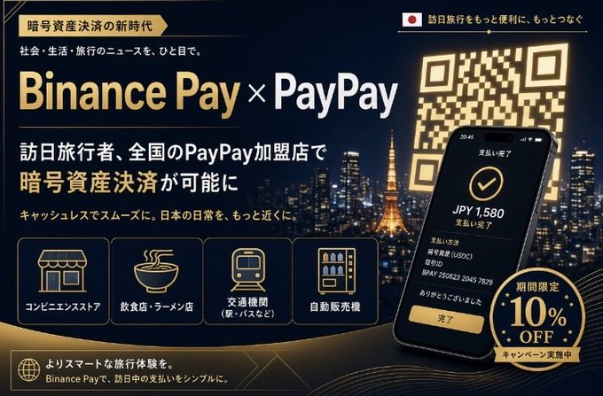 A promotional Japanese advertisement announces the Binance Pay × PayPay partnership, highlighting that visiting overseas travelers can now use cryptocurrency to pay at PayPay-affiliated stores across Japan—including convenience stores, ramen shops, public transportation, and vending machines—with a limited-time 10% cashback campaign (ends March 3, 2026). The ad shows a smartphone displaying a successful ¥1,580 USDⓢ payment and notes that Binance Pay is "smooth and seamless" for daily spending in Japan, aligning with the post's announcement that the service is exclusively available to international visitors, not Binance Japan users.